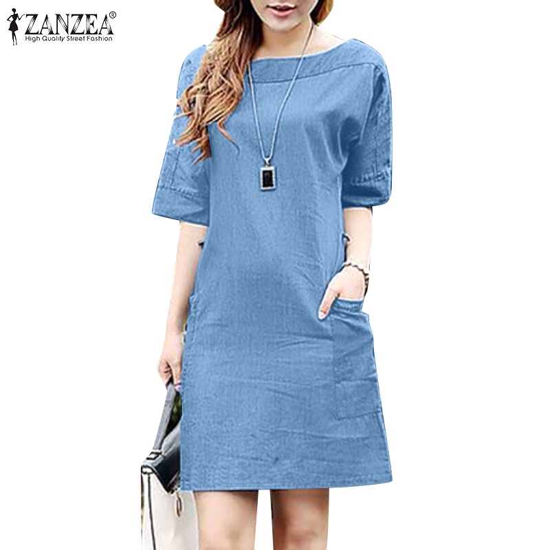 ZANZEA Women Summer Korean Short Sleeve O Neck Denim A Line Pockets ...