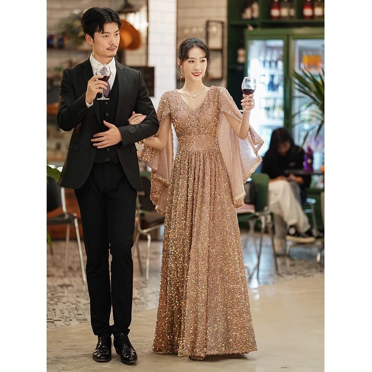 Golden Pink Sequins Banquet Evening Dress Temperament Flying Sleeve V neck Slim A line Dresses Annual Dinner Wedding Long Party Gown Shopee Malaysia