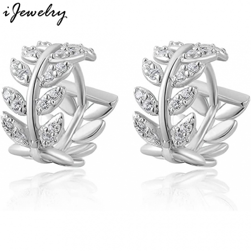 Hoop Earrings, Women's Earrings, Leaf Design with Small Cubic Zirconia