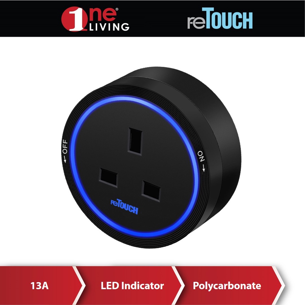 Retouch Switch 13A Flat Pin Track Socket Adaptor C/W Black-Blue LED (TS ...