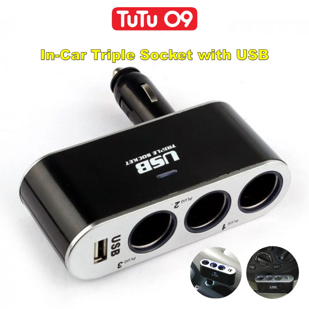 Car Charger Triple Socket Splitter with USB Port Charger Soket Pemisah
