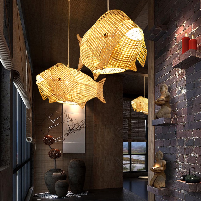 Japanese Bamboo Pendant Light Retro Creative Fish Chandelier Ceiling ...