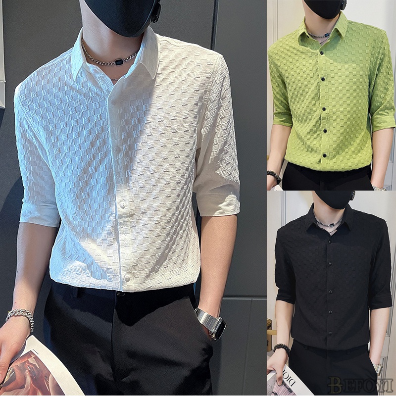 BEFOYI Men's Shirt Plain Half Sleeve Fit Fashion button Korean Shirt ...