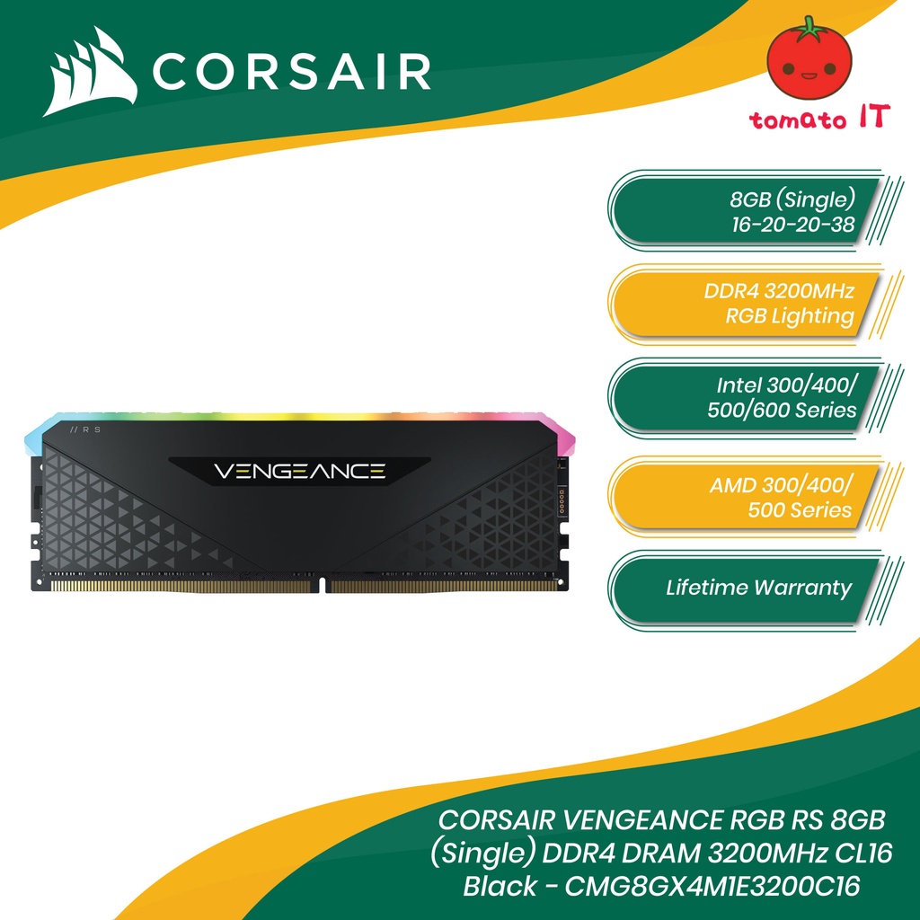 CORSAIR Vengeance RGB RS 8GB DDR4 3200MHz Ram [16-20-20-38] - Black ...