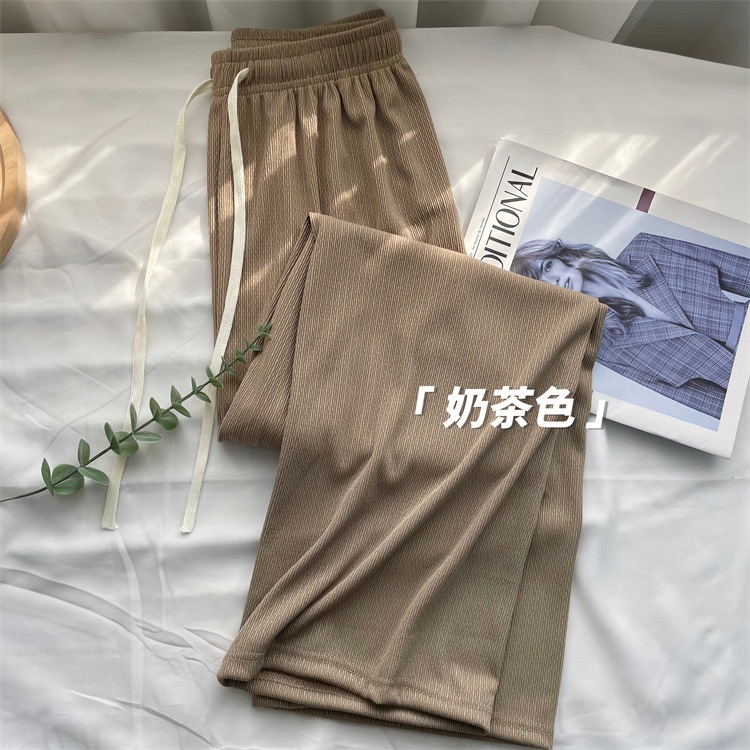 High Waist Women Solid Color Ice Silk Casual Straight Leg Pants Wide ...