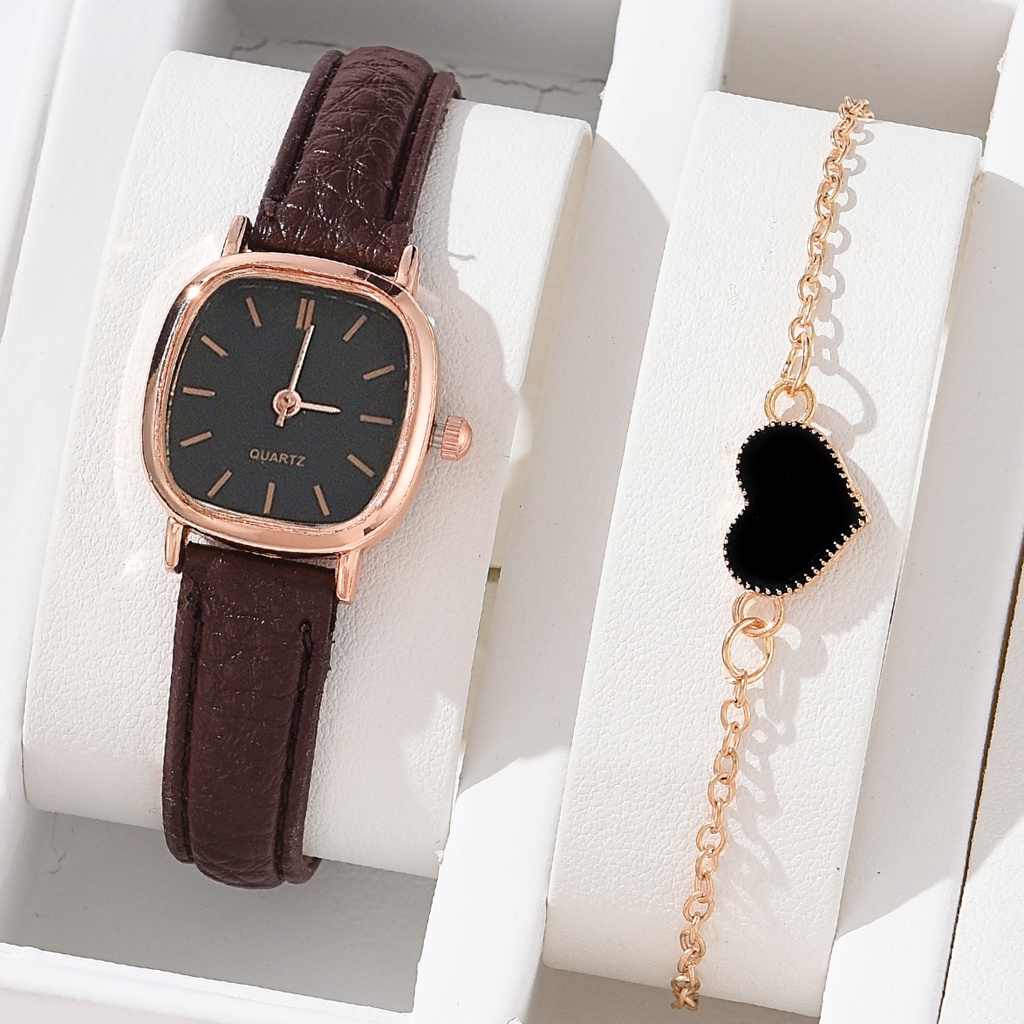 Women s New Style Watch Fashion Leather Strap Quartz Watches Free Heart Peach Bracelet 2 piece Gift Set No Box Shopee Malaysia