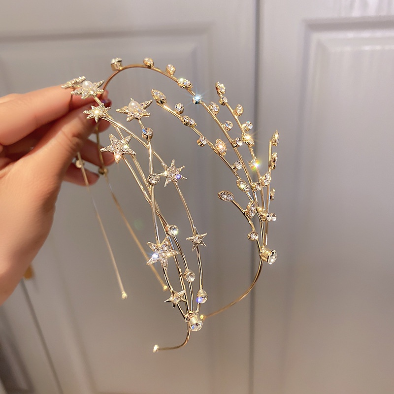 gandik crown tunang Raya 2023 Moon Star Headband Ribbon Bow Pin for