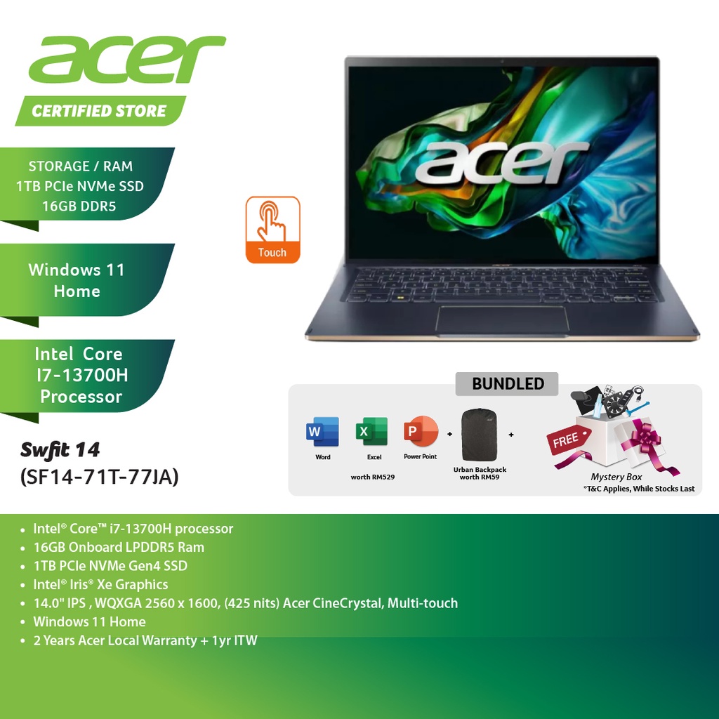 Acer Swift SF14-71T-77JA 14'' WQXGA Touch Laptop Steam Blue ( I7-13700H ...