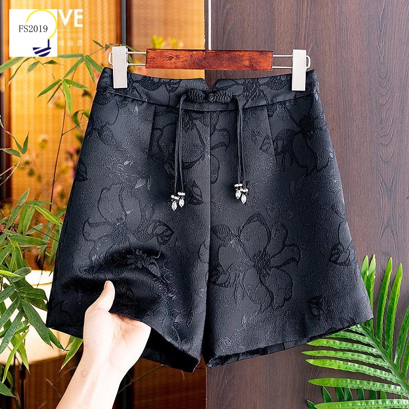 Jacquard Wide Leg Shorts Vintage High Waist Pan Buckle Black White