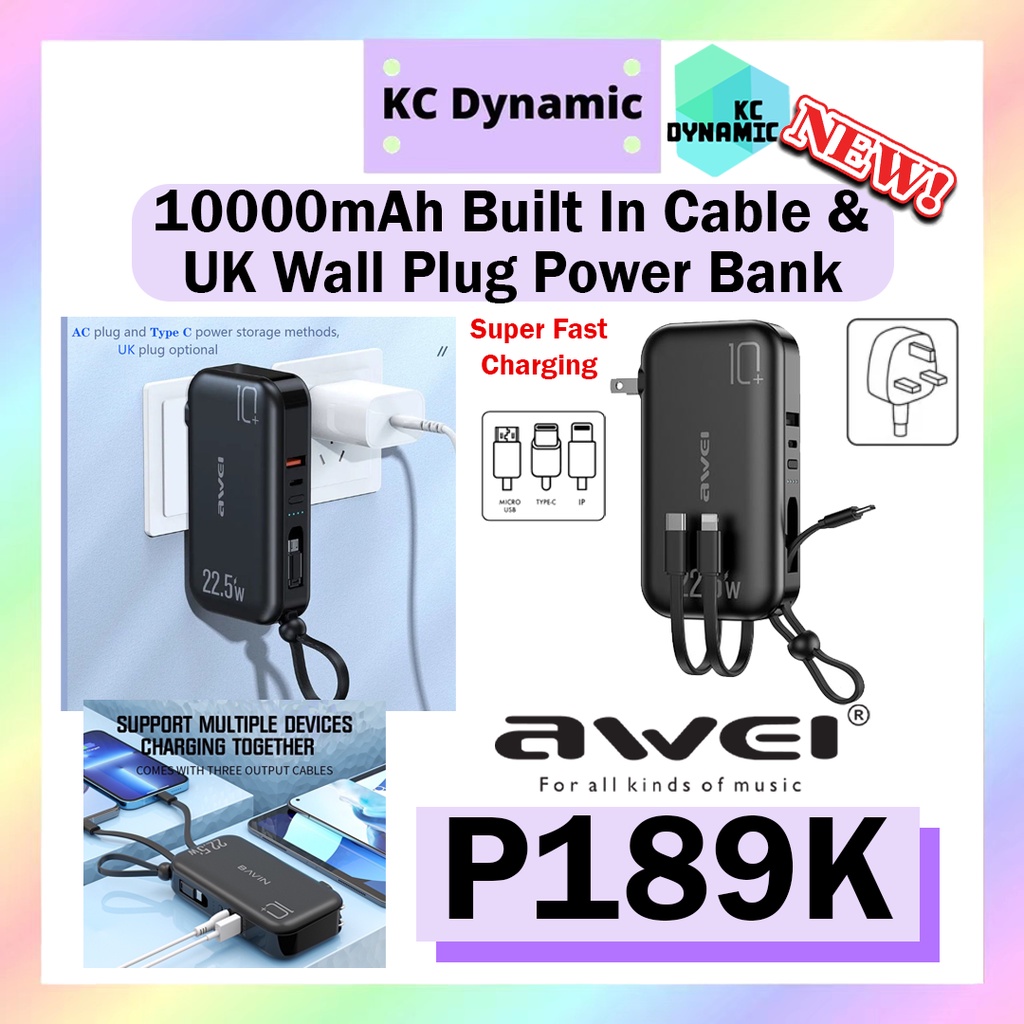 Awei P189K 10000mAh Built In Cable with Wall Plug Power Bank BuiltIn