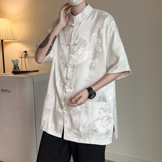 2024 Trendy solid color summer loose new short-sleeved shirt new Chinese-style jacquard men's drape Tang suit half-sleeved shirt 中国衬衫 中山装 中国风男士衬衫