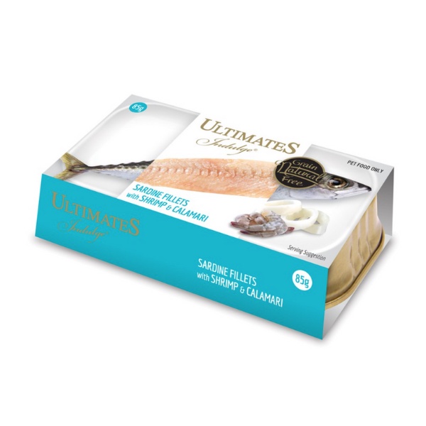ULTIMATES INDULGE SARDINE FILLETS WITH SHRIMP AND CALAMARI 85G X 10TIN