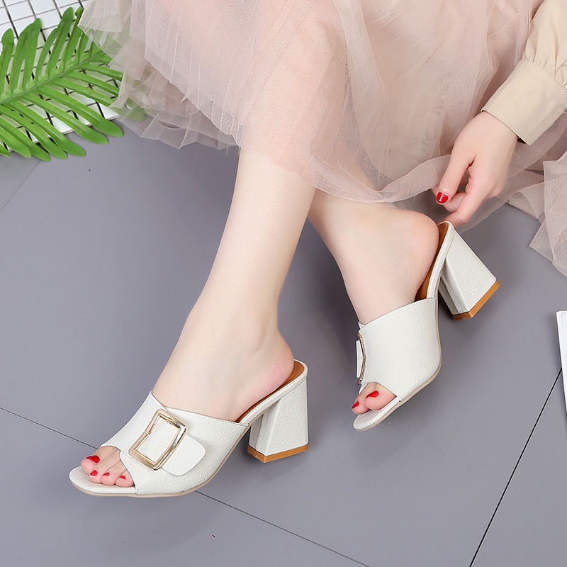 vincci Kasut bata wanita sandal perempuan plus size heals shoes women heels  Thick heel peep toe leather high heel slippers