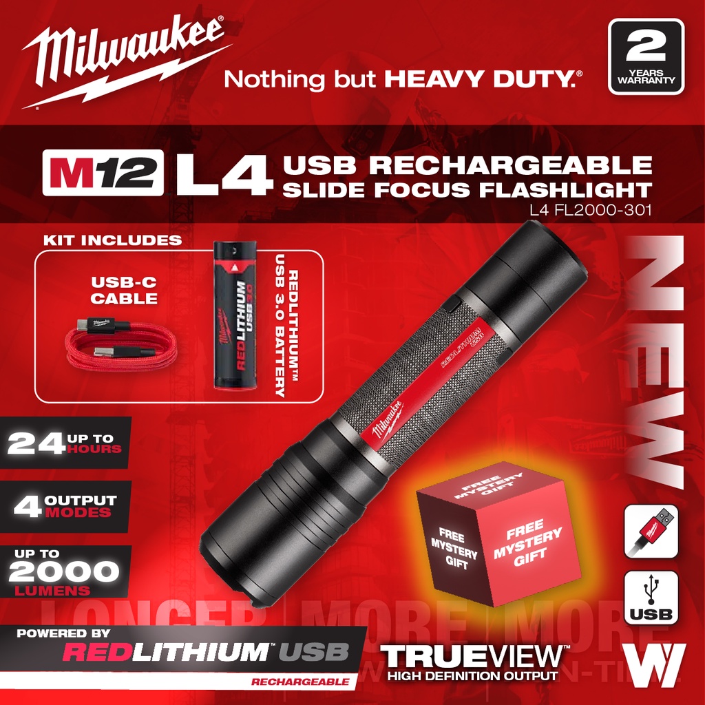 MILWAUKEE™ L4 REDLITHIUM™ USB Rechargeable 2,000L Slide Focus