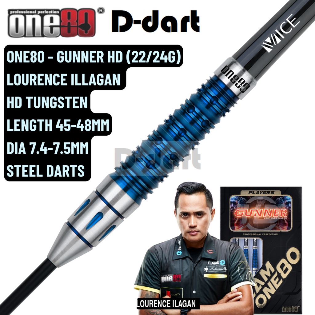 ONE80 STEEL TIP DART 22G/24G GUNNER HD TUNGSTEN LOURENCE ILAGAN
