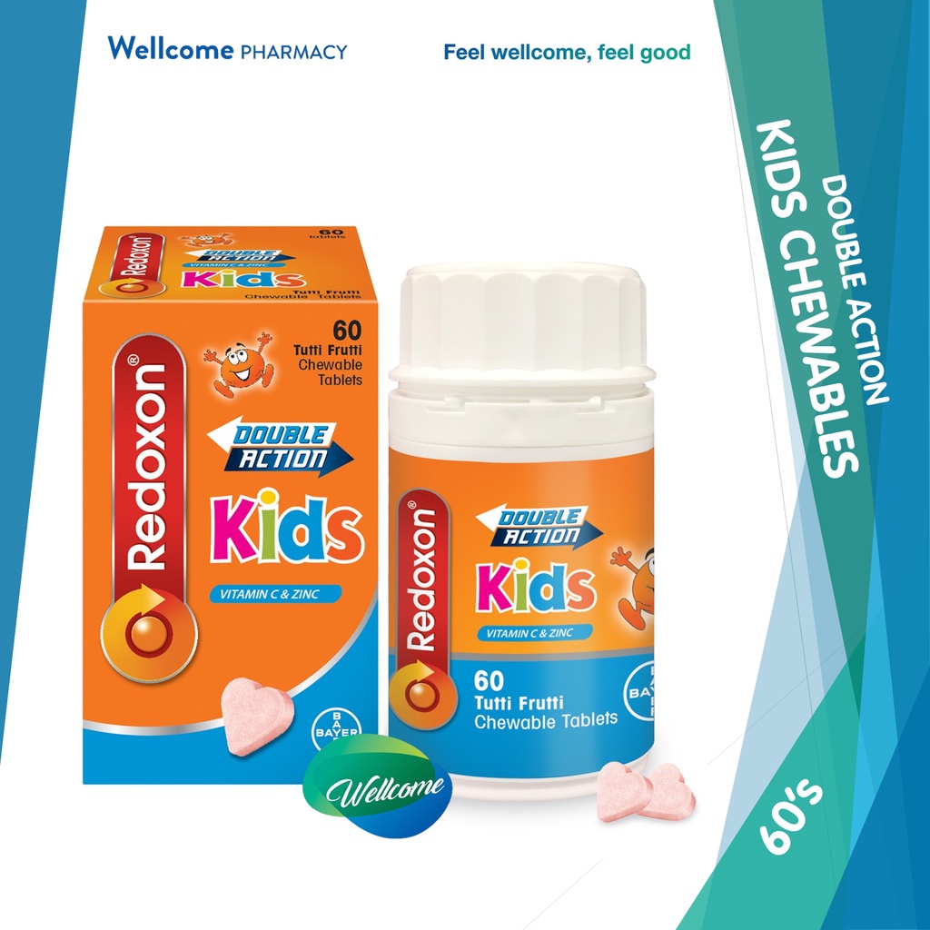 Redoxon Kids Double Action Vitamin C + Zinc Chewable Tablets Tutti Frutti Flavour 60's