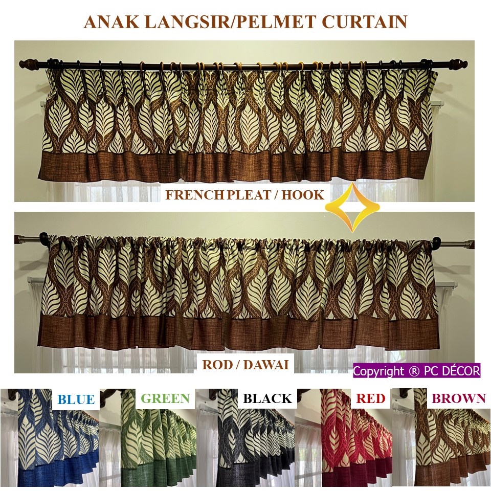 Anak Langsir Corak Daun Pelmet Langsir Dapur Short Curtain Rod Pocket