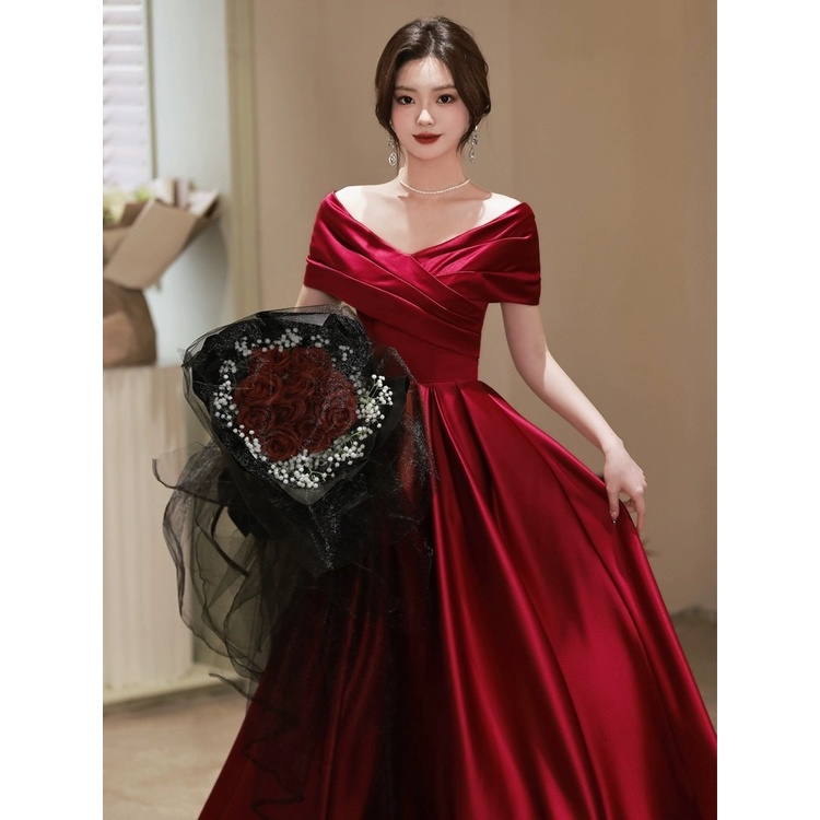 Wine Red Bride Wedding Cocktail Dress Simple Off Shoulder