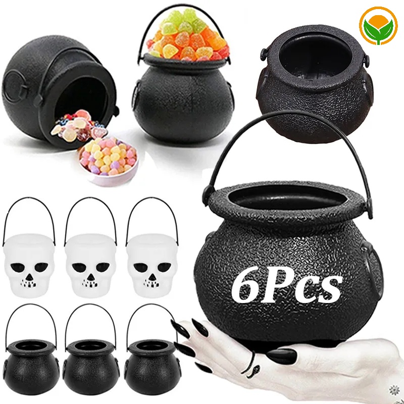 6Pcs Plastic White Skull Pumpkin Bucket Candy Kettles/Mini Halloween ...