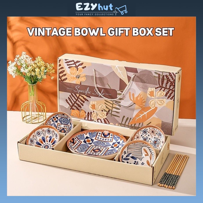 Vintage Style Rice Bowl Porcelain Bowl Ceramic Bowl Plate Set Mangkuk