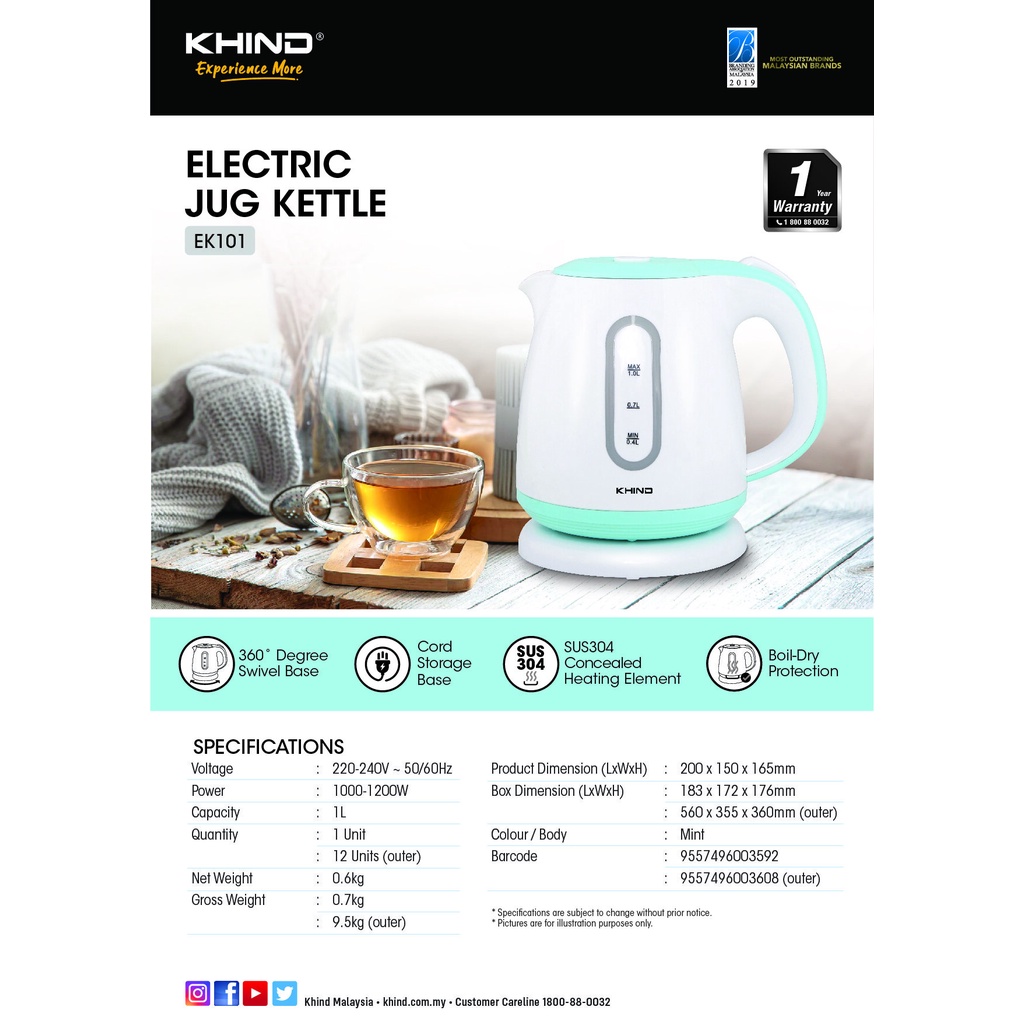 Khind EK101 1Litre Electric Jug Kettle (Sales) Shopee Malaysia