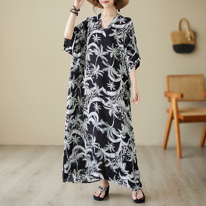 Black Flower Kaftan Murah Cotton Linen Temperament Slimming Floral Beach Dress Holiday Boho Dress Shopee Malaysia