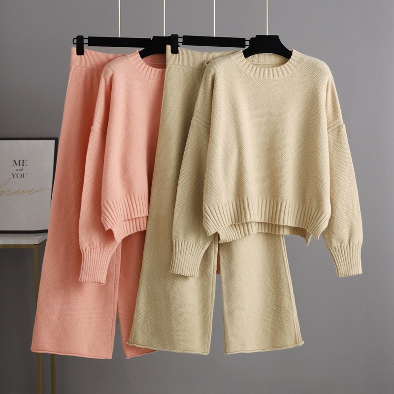 Turtleneck Knitted Suit Loose Split Design Long-sleeved Top And Straight Trousers Fashion Casual Solid Set Women's Clothing