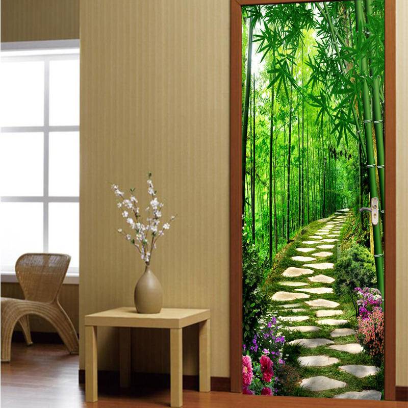 Custom Stone road and beautiful bamboo flowers door sticker wallpaper