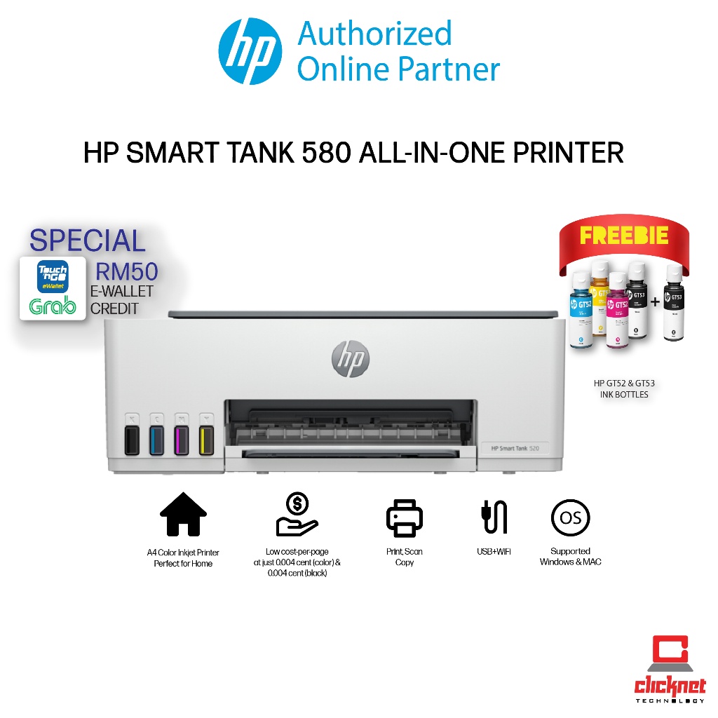 HP 580 / HP 520 PRINTER Smart Tank 520/580 All-in-One Printer LIKE ...