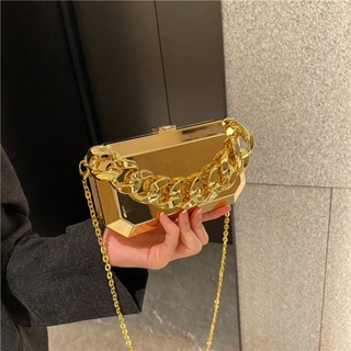 Designer Clutch Bag Gold Silver PVC Box Design Party Evening Chain