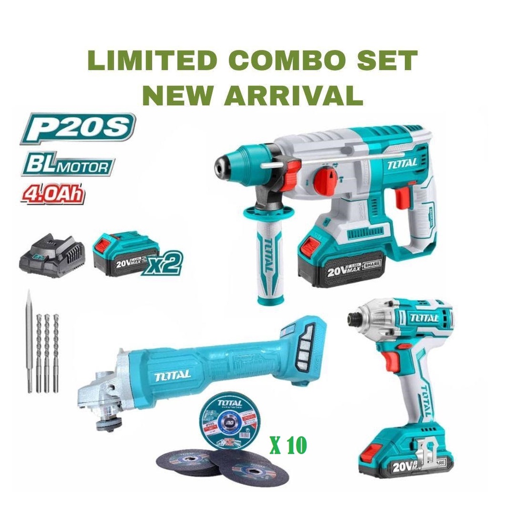 TOTAL TOSLI2301510 Cordless BL Motor 3 in 1 combo Set ( Rotary Hammer, Impact Driver, Angle