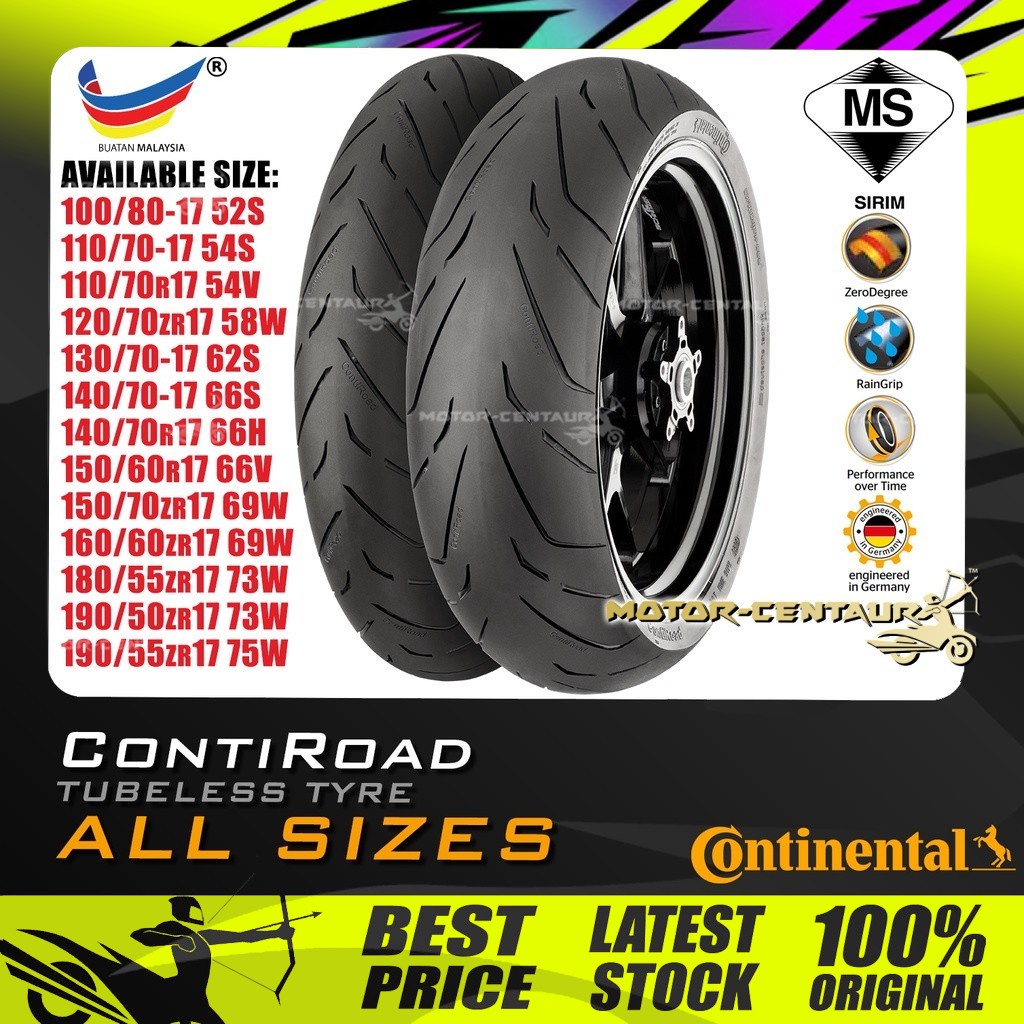 TAYAR MOTORSIKAL CONTINENTAL CONTI-ROAD TUBELESS TYRE ...