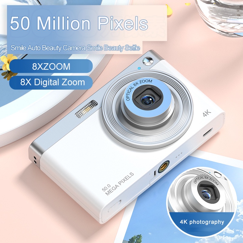 C13 2.88 inch 4K 8X Optical Zoom Telescopic Lens HD Digital Camera, Spec: White+Card Reader+8G