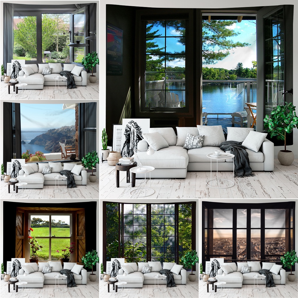 Scenery Through The Window Wall Tapestry with Clips Polyester
