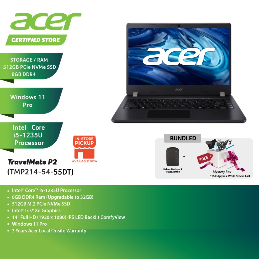 Acer TravelMate P2 TMP214-54-55DT 14'' FHD Laptop Black ( I5-1235U, 8GB ...