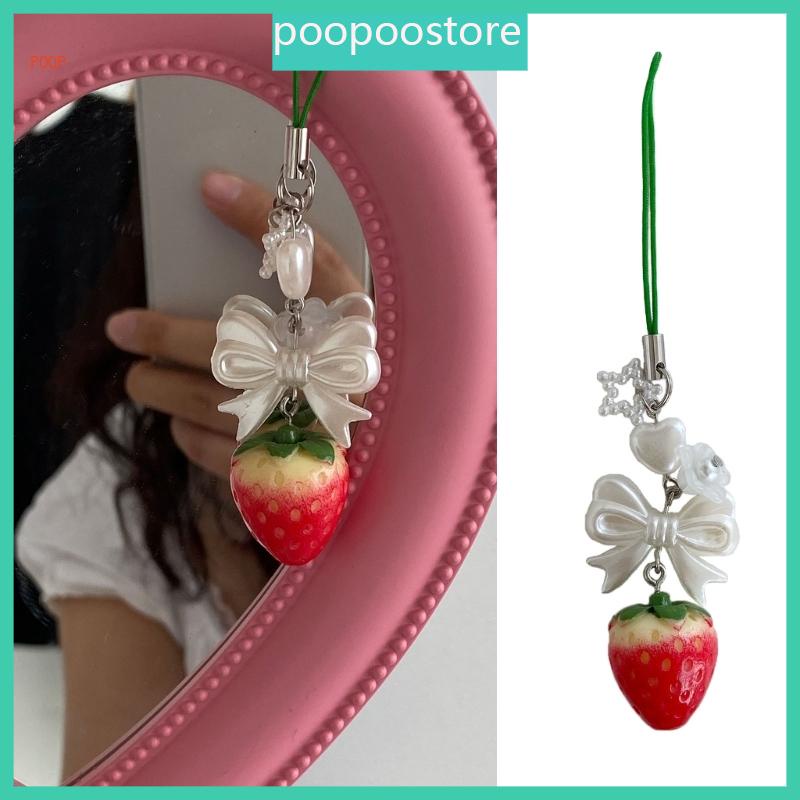 POOP Resin Strawberry Keychain Bowknot Phone Charm Handmade Bowknot