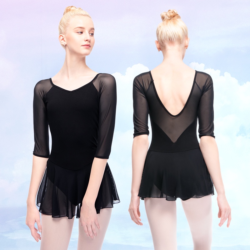 Women Ballet Leotards Dance Dress Soft Mesh Splice Three Quarter Sleeve Cotton Ballerina Costume