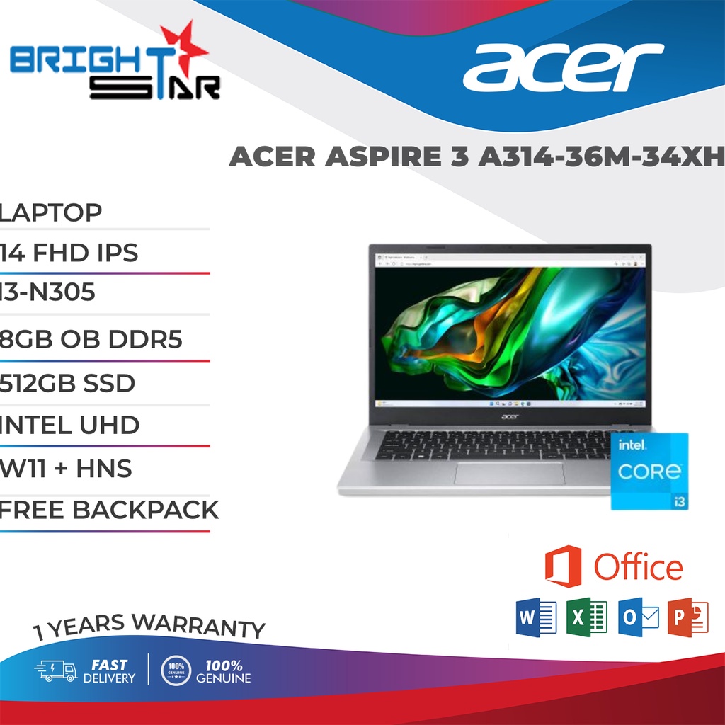 ACER ASPIRE 3 A314-36M-34XH (14 FHD IPS / I3-N305 / 8GB OB DDR5 / 512GB ...