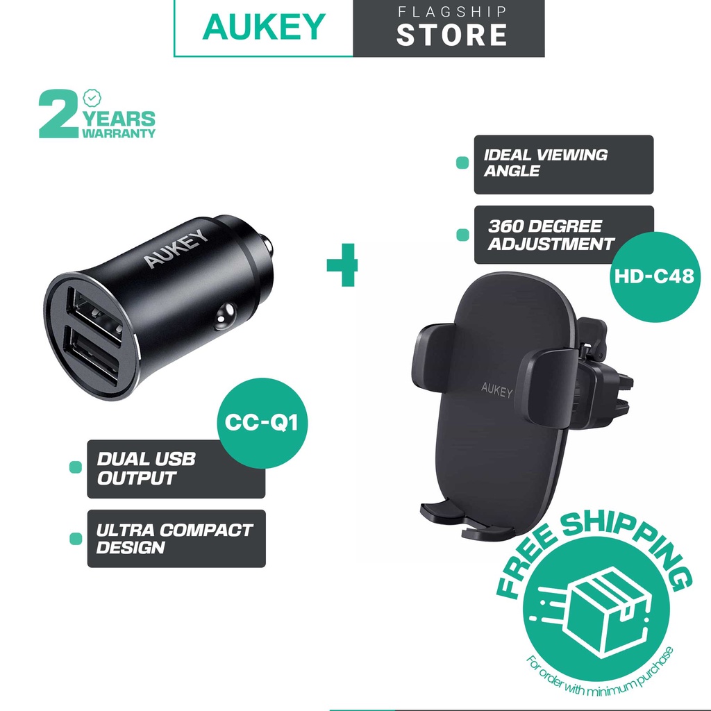 Aukey CCQ1 24W Dual USBA Metal Car Charger with Car Holder Phone