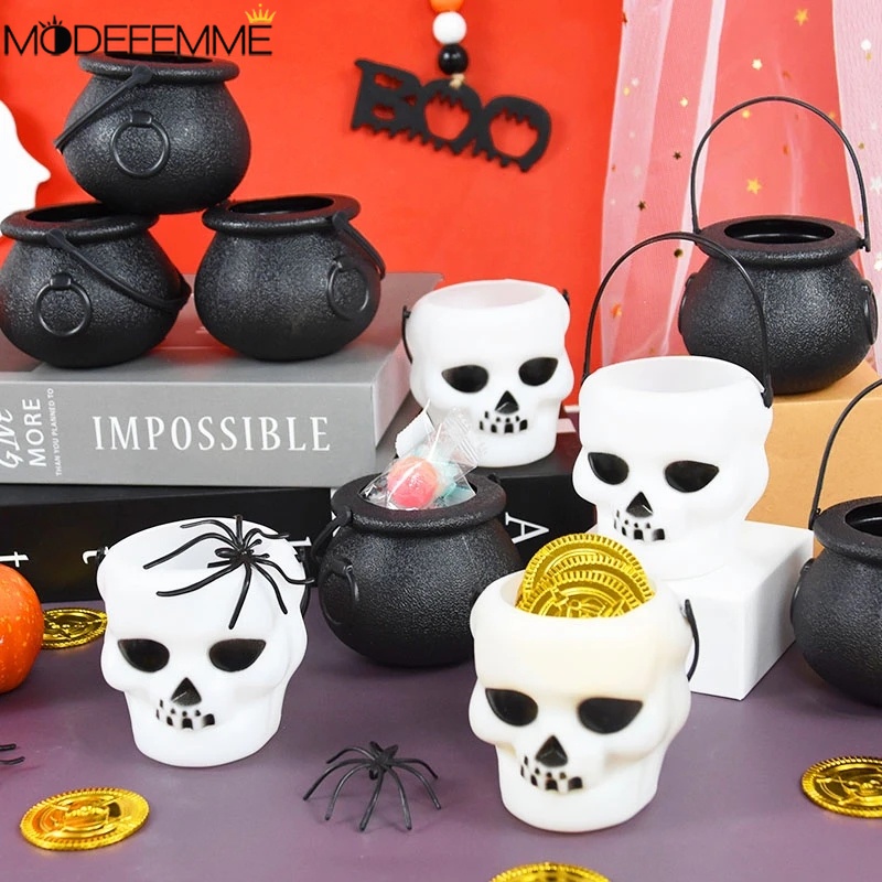 Halloween Skull Pumpkin Bucket / Mini Witch Skeleton Cauldron Cans ...