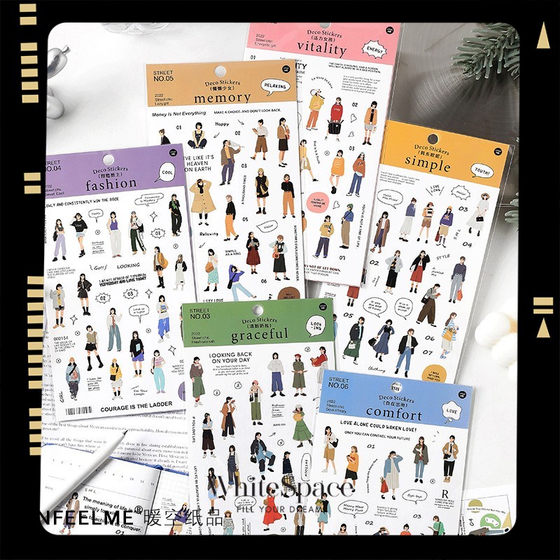 WhiteSpace 1pcs Street Girl OOTD Stickers Cartoon Character Handbook ...