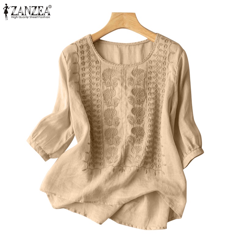 ZANZEA Women Daily Puff Sleeves 3/4 Sleeve Round Neck Cotton Linen ...