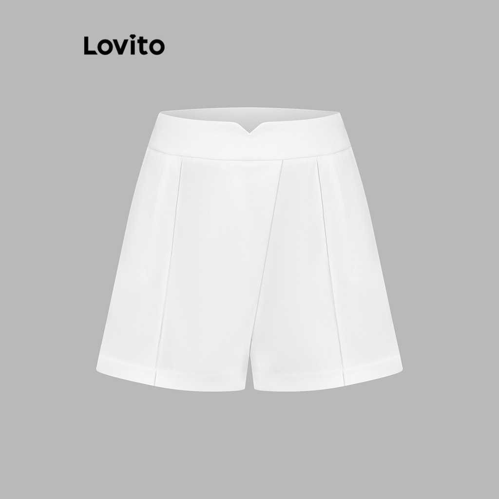 Lovito Casual Plain Pleated Zipper Shorts for Women L62ED079 (White
