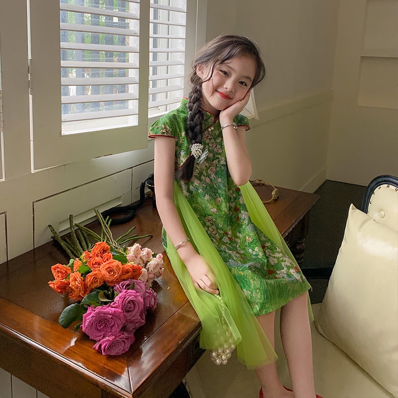 Kids Girl Cheongsam Fashion Green Dress With Ribbon Hanfu Costume Girls ...