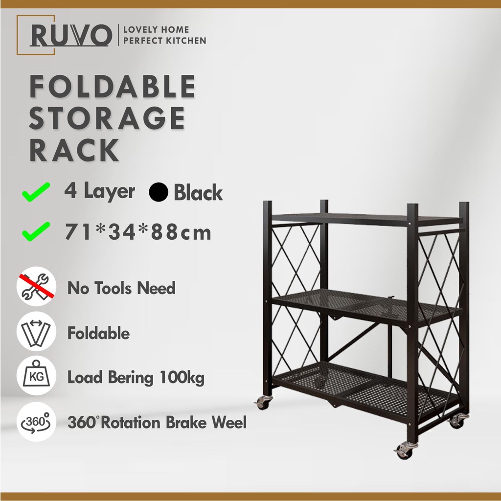 RUVO 3 Tier Foldable Storage Rack With Wheel Foldable Rack Movable