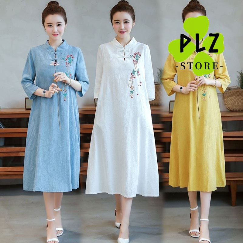 chinese dress ladies Maxi linen dress AGRA in White main image 0