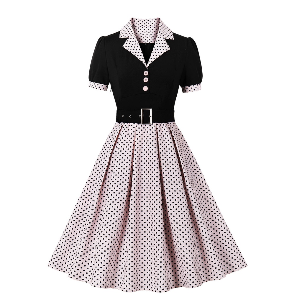 Casual Print Patchwork Turndown Collar Cake Skirt Dresses