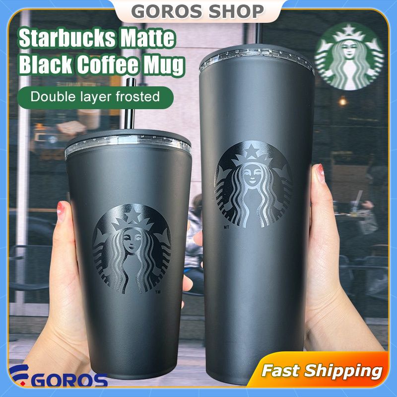 Double Layer Plastic Coffee Cup With Straw, Matte Finish, Portable