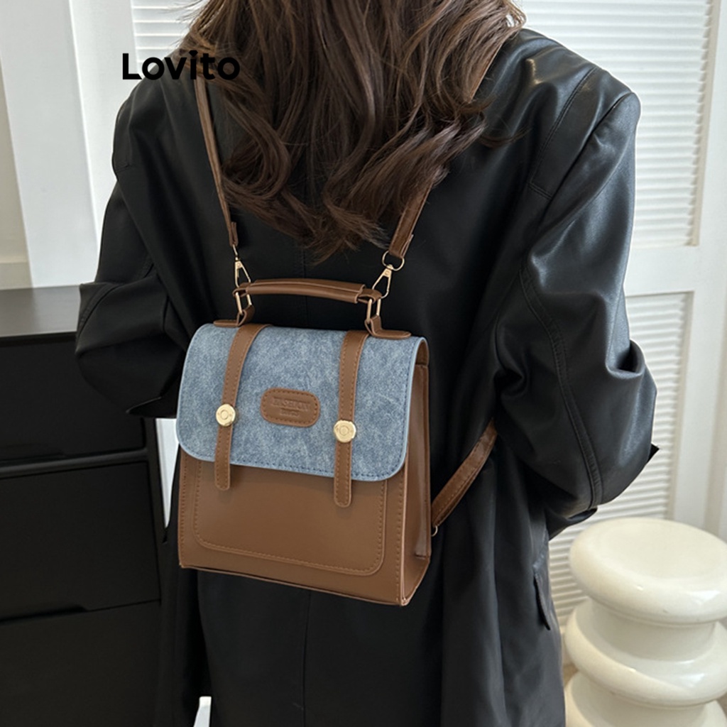 Lovito Casual Plain Colorblock Backpack for Women LNA32105 (Brown ...