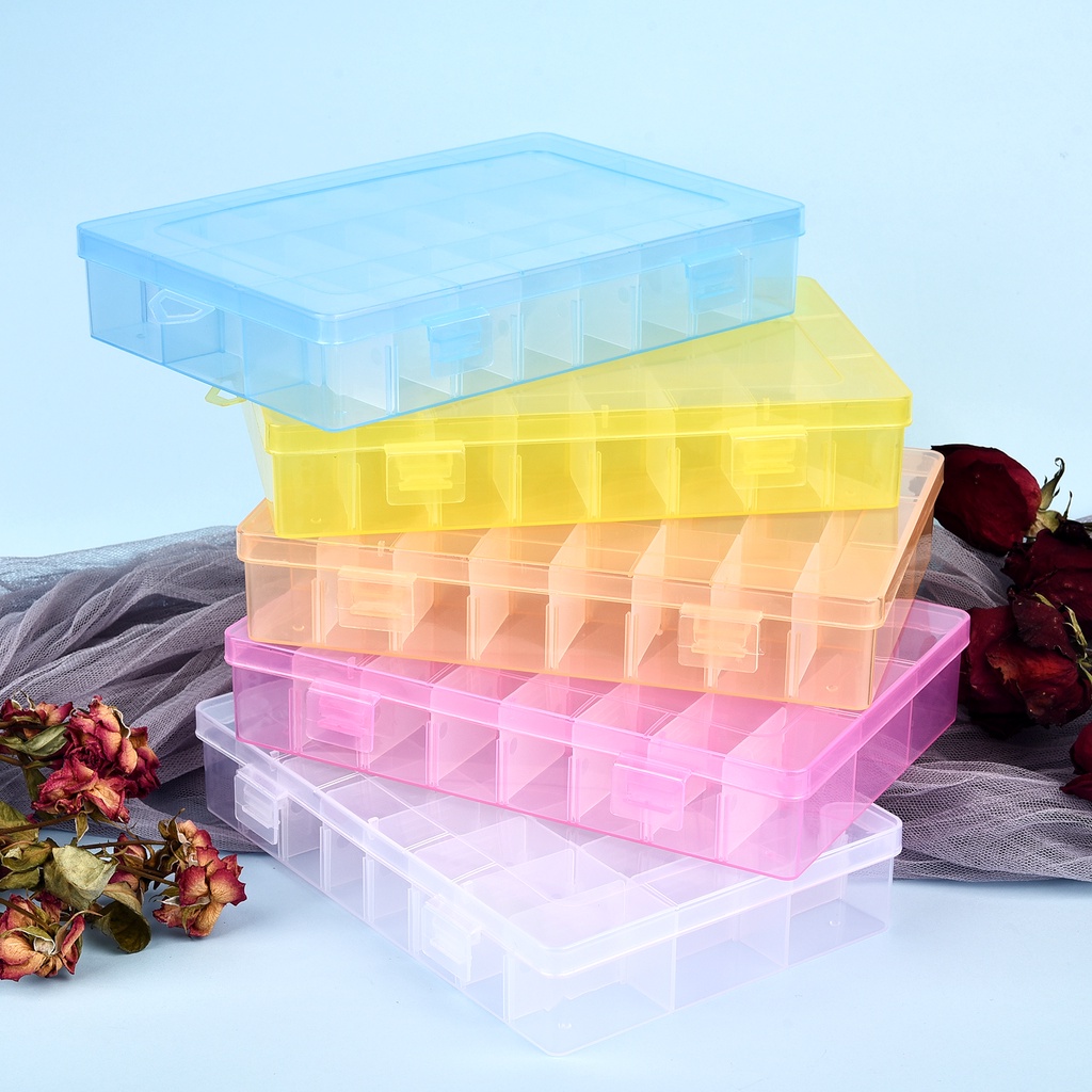 Clear Plastic Organizer Box With Adjustable Grids - 24/15/10 Compartment Jewelry & Bead Storage